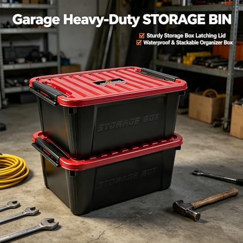 2 Pack Heavy Duty Storage Box with Lid, Stackable Plastic Storage Bins (21 QT...