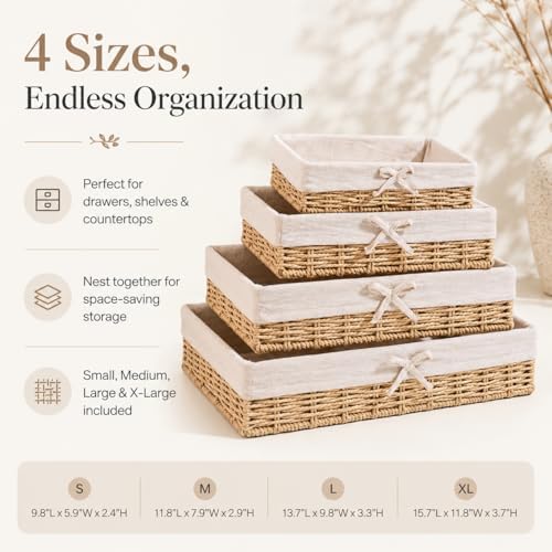 Baskets for Shelves Set of 4, Woven Paper Rope Storage, Khaki