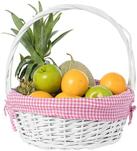 White Round Willow Gift Basket with Pink Gingham Liner & Handle, Mediun –...