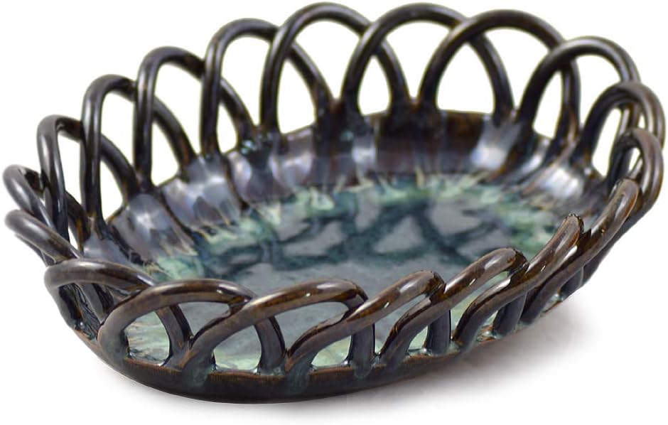 American Handmade Stoneware Pottery Woven Bread Basket in Midnight Blue