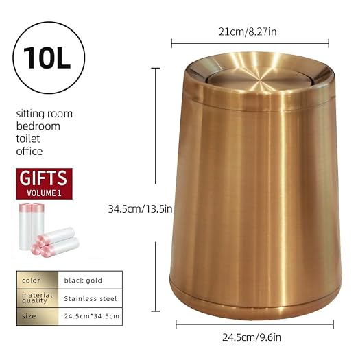 10 L/2.6Gallen, Swing Lid Gold Brass Trash Can, Brushed Nickel Garbage Can - Image 6