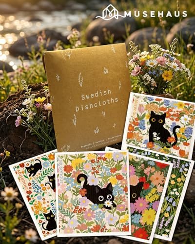 5 Pack Reusable Swedish Dishcloths, Cat in Flowers | Reusable Paper Towels, Non-Scratch, Absorbent, Compostable, Textured Surface, Sponge Cloths for Cleaning