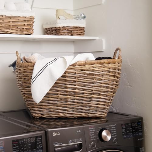 The Basket Lady Oval Kubu Wicker Laundry Basket, Serene Grey
