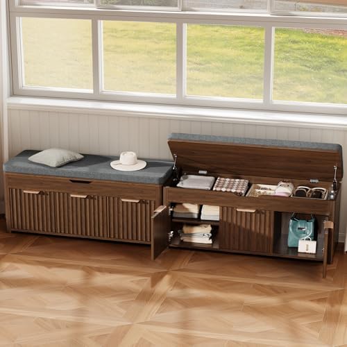 37.4" W Shoe Bench with Storage, Lift Top Entryway Bench, Walnut
