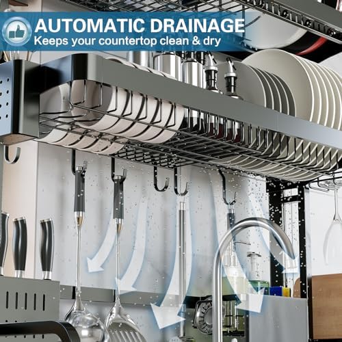 LIVOD Over The Sink Dish Drying Rack,3 Tier Adjustable Length Full Stainless ...