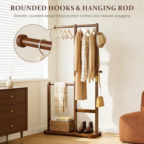 Solid Wood Coat Rack Freestanding Double Rod Clothes Rack Space Saving