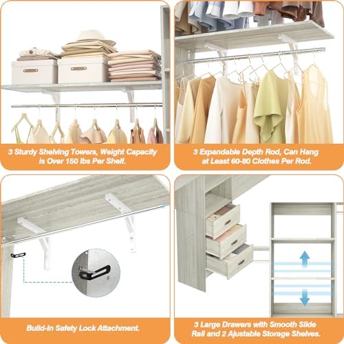 Armocity 96" Wood Closet System with 3 Enclosed Drawers & 3 Solid Sh...