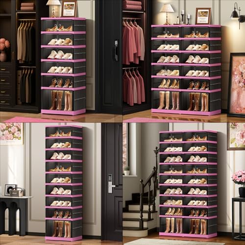 CIMLORD 9-Tier Foldable Shoe Rack Organizer with Door, 36 Pairs, Black-Pink