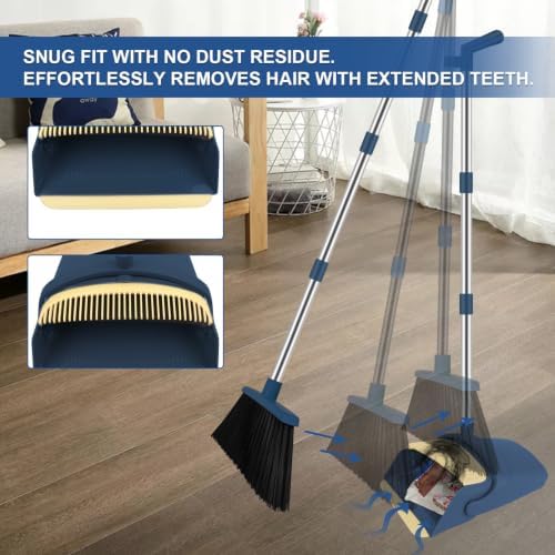 Broom and Dustpan Set, 51" Long Handle Broom with Mini Set Navy Blue | Mini Set for Tables, Kitchens & Tight Spaces, Built-in Comb Dustpan, Foldable Space-Saving Storage, Multi-Surface Use