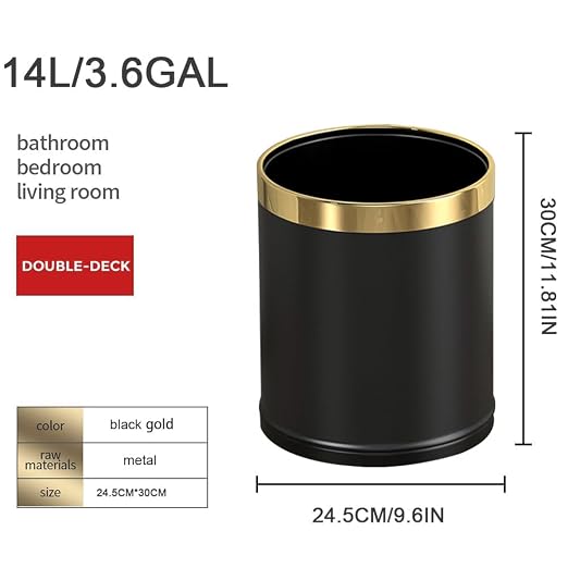 14L/3.7GAL Black and Gold Open Top Trash Can - Image 6