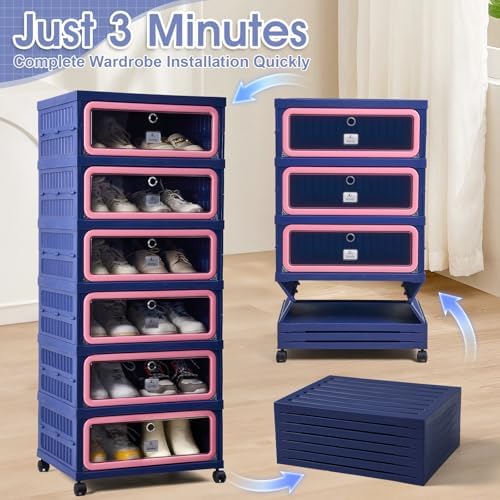 SAYMA Foldable Shoe Rack Organizer, Collapsible Shoe Cabinet with Magnetic Clear Door, Large Plastic Folding Shoe Cabinet, Easy Assembly Shoe Shelves Organizer for Entryway, 6 Tiers-12Pairs