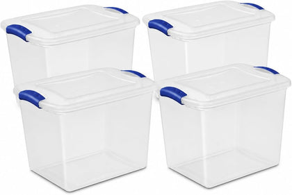 (4 pack) 27 Quart Clear Latching Storage Bin with Lid, Stackable Plastic Container for Shelves, Closet & Craft Storage