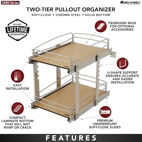 Rev-A-Shelf 2 Tier Pull Out Kitchen Cabinet Storage Organizer with Solid Bott...