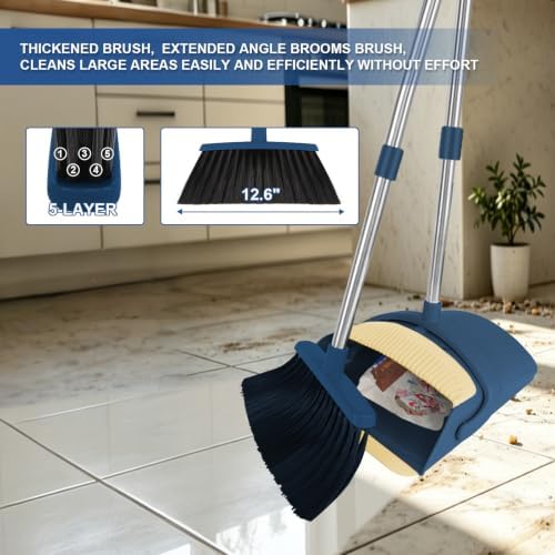 Broom and Dustpan Set, 51" Long Handle Broom with Mini Set Navy Blue | Mini Set for Tables, Kitchens & Tight Spaces, Built-in Comb Dustpan, Foldable Space-Saving Storage, Multi-Surface Use
