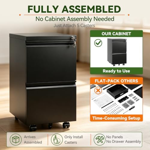 SAWJEC 2 Drawer Rolling File Cabinet Fully Assembled, Black