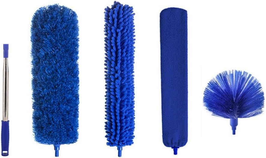 Extendable Duster Having 100 Inch Pole Washable Feather Duster Set for Prime Ceiling Fan and Furniture Cleaning Flexible Bendable Head 5-piece Blue Set