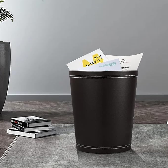 KINGFOM Classic Pu Leather Trash Can Wastebasket, Small Garbage Container Can - Image 2