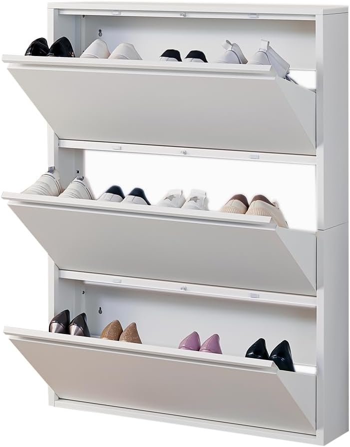 Shoe Storage Cabinet with 3 Flip Drawers, Hidden Slim Narrow Shoe Rack Cabine...