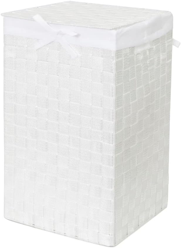 Compactor Square Laundry Basket with Lid, Woven Washing Hamper for Storing Clothes and Linen in Bedrooms and Bathrooms, Removable Liner and Carry Handles, White, Stan Range