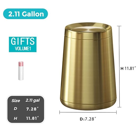 8L / 2.1Gal Gold Brushed Stainless Steel Trash Can - Image 7
