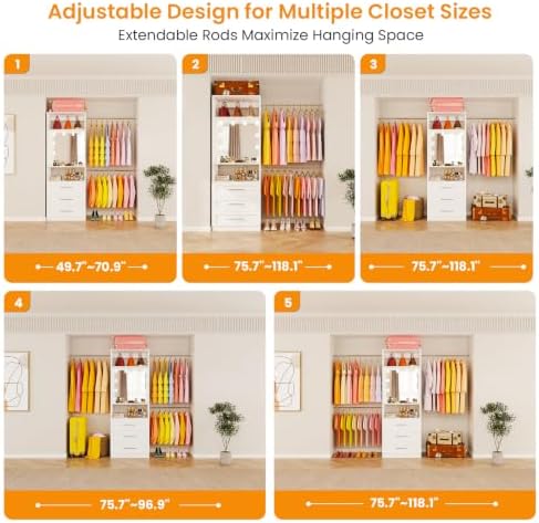 Closet System with Drawers, 2FT–9FT Closet Organizer System with 4 Adjustable...