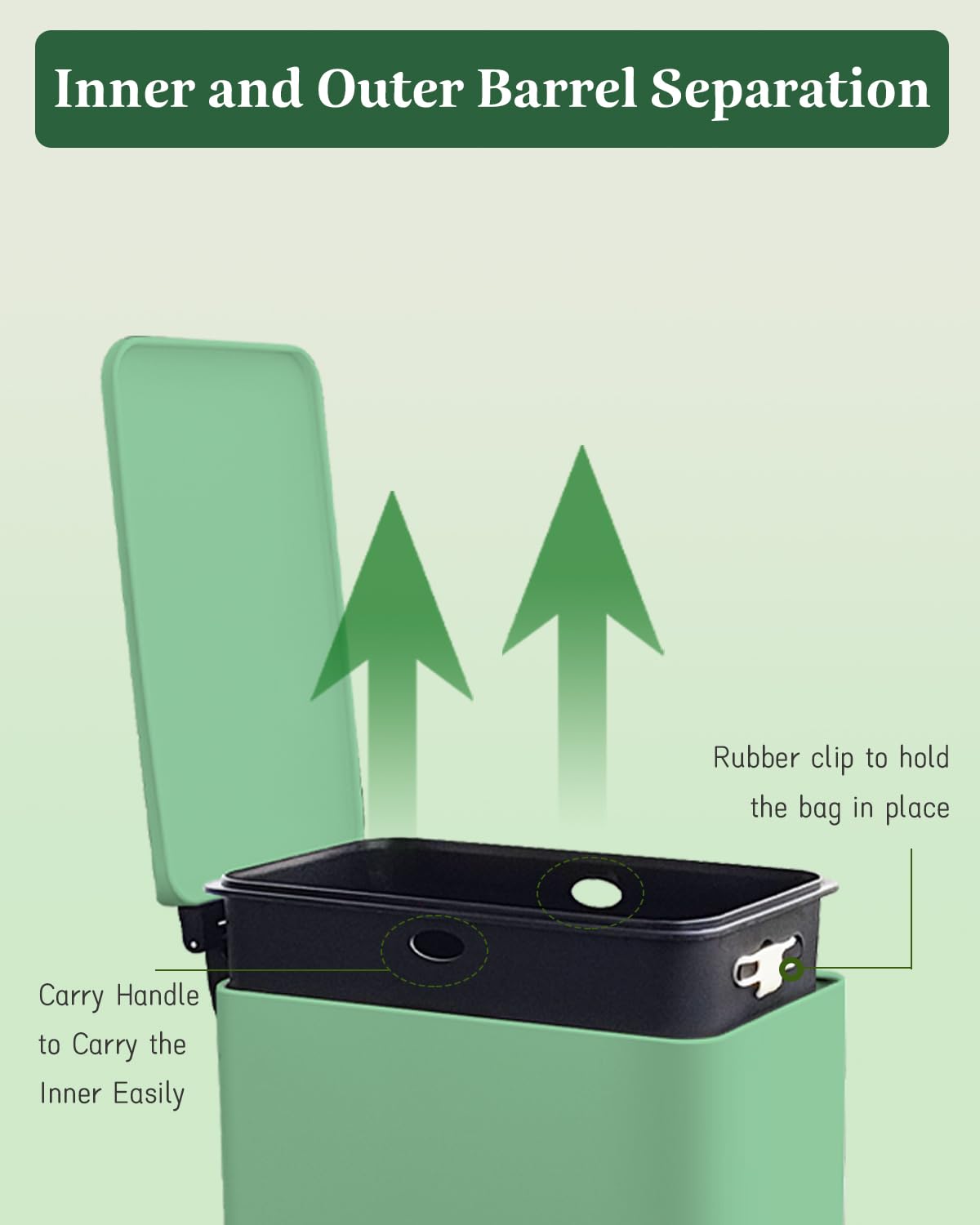 12 Gallon Slim Kitchen Trash Can, Large Slim Green Garbage Can | Stainless Steel Trash Can, Plastic Removal Inner Bucket, Soft-Close Lid, 45 Liter Pedal Garbage Can, for kitchen, bathroom