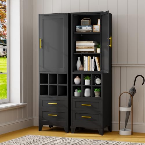 67" Tall Metal Pantry Cabinet, Narrow Freestanding Storage Cabinet, Black