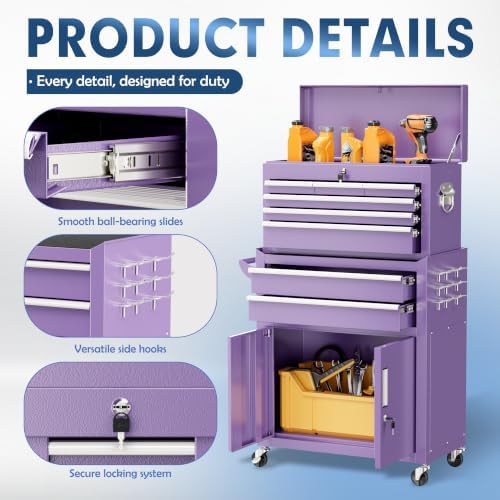 8-Drawer Rolling Tool Chest & Cabinet with Lock and Wheels,Purple