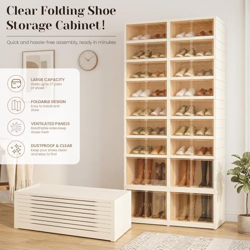 Collapsible Shoe Rack Organizer, Clear Doors Plastic Shoe Storage Cabinet
