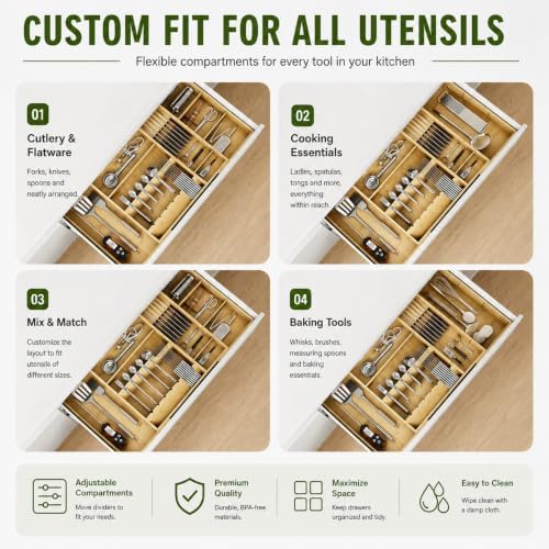 Bamboo Expandable Kitchen Drawer Organizer, 17.7-29.5 in,Natural