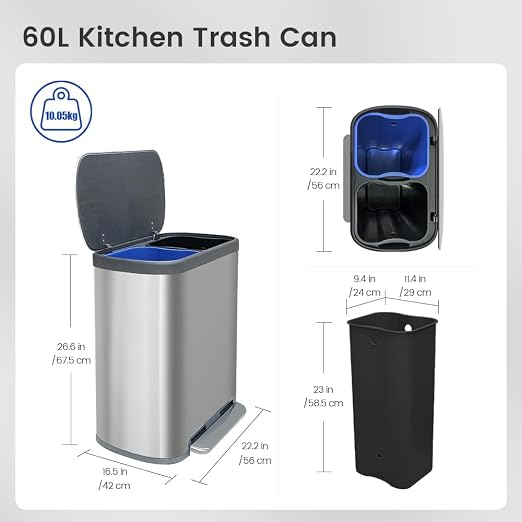 Kitchen Trash Can 16 Gallon, 2 x 30 Liters Trash and Recycle bin Combo - Image 2