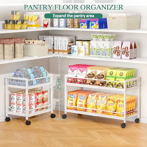 2-Tier Expandable Rolling Pantry Cart with Wheels, Adjustable Floor Organizer...