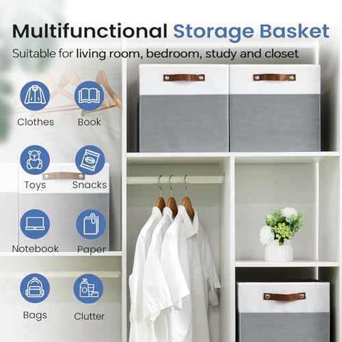FinishingBo 13 inch Storage Bins with Labels 6 Pack | PU Leather Handles, Foldable Storage Cubes, Storage Baskets, Closet Storage, White/Dark Grey