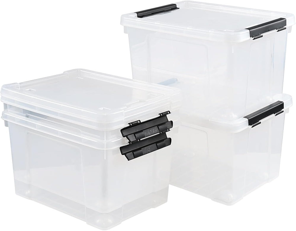 Obstnny 4 Packs 22 Quart Latch Box with Wheels, Plastic Lidded Storage Bin