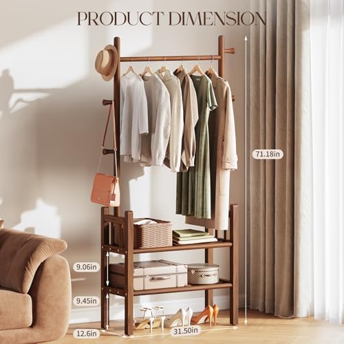Solid Wood Clothing Rack with Shelves - Coat Rack Freestanding with 6 Hooks L...
