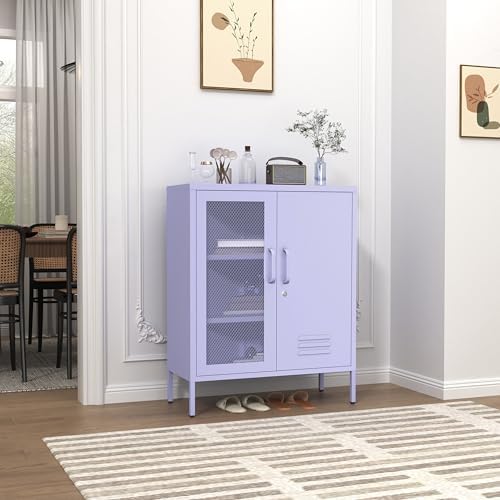 Purple Metal Storage Cabinet with Adjustable Shelf, Lockable 2 Door Sideboard...