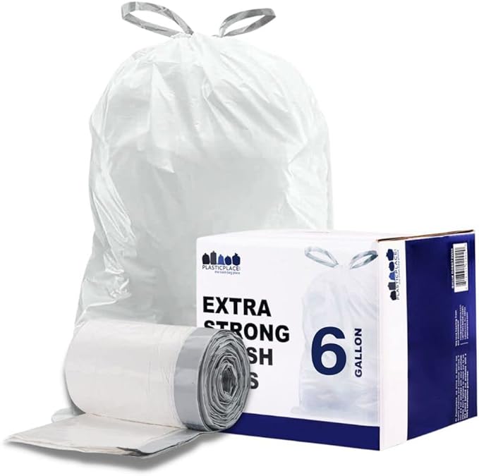 Plasticplace 6 Gallon Trash Bags White Drawstring Garbage Can Liners, 17” x 20” - Image 3
