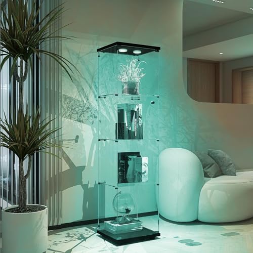 Glass Display Cabinet with Lights and Lock, 4-Tier Display Case Curio Cabinet...
