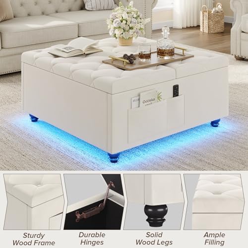 Dnxao 31.5 Inch Large Square Ottoman with Storage and Removable Tray, Beige