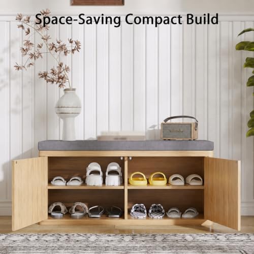 Shoe Bench with Cushion & Push-Open Doors,Double-Layered Storage,Oak