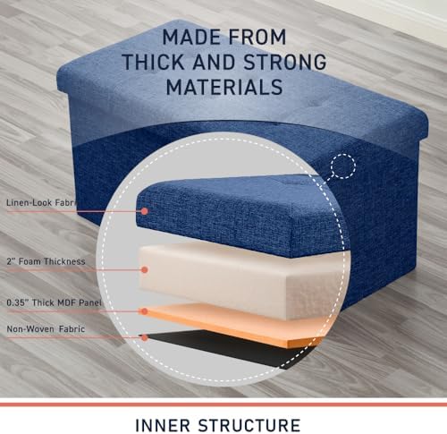 Ornavo Home 30 Inch Folding Storage Ottoman Bench, Tufted Linen, Navy Blue