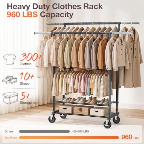 Heavy Duty Clothes Rack Load 960LBS, Adjustable Three Rods Rolling Garment Ra...