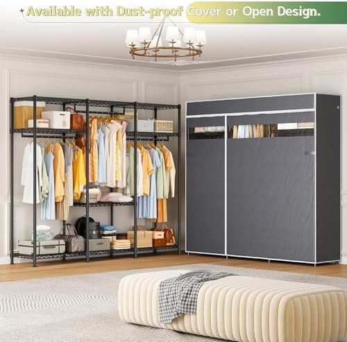 Raybee Clothes Rack, Heavy Duty Portable Closet with Cover, 3 Rods, 800LBS
