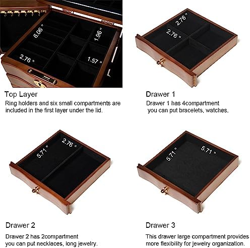 FEECOZ Wooden Jewelry Box for Women, Solid Wood Jewelry Organizer with Mirror...