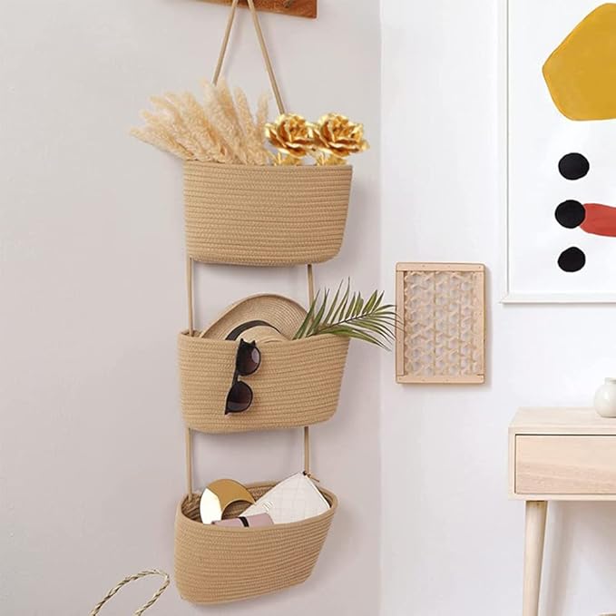 TeoKJ Over the Door Hanging Basket, 3-Tier Woven Cotton Wall-Mounted Storage - Image 6