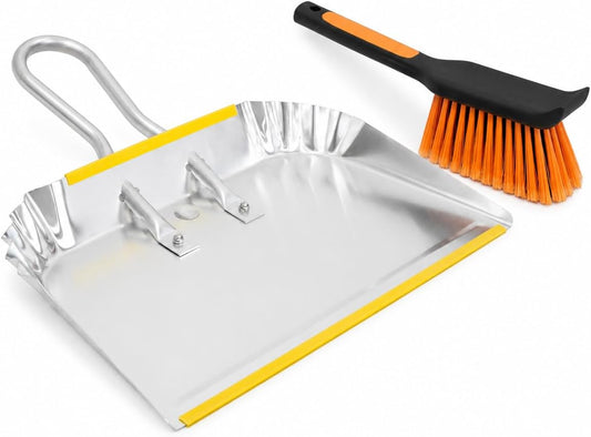 17" Heavy Duty Metal Dust Pan with Brush Set, Large Wide Mouth Dustpan with Stiff Bristle Cleaning Brush for Garage, Yard, Fireplace Ash, Wood Stove, Workshop and Outdoor Cleanup, Silver