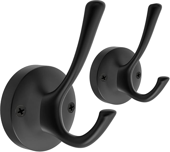Black Towel Hooks, 2 Pack Coat Robe Hook Heavy Duty Metal Double Bathrobe Hook by TOFIIGREM