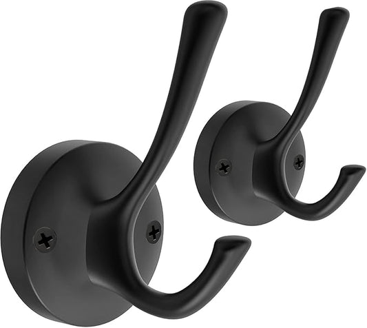 Black Towel Hooks, 2 Pack Coat Robe Hook Heavy Duty Metal Double Bathrobe Hook by TOFIIGREM
