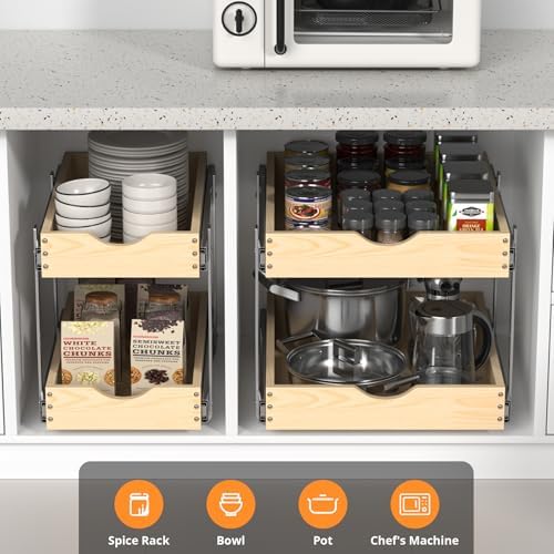 21" Deep 2-Tier Pull Out Cabinet Organizer - Wood Pull Out Drawers