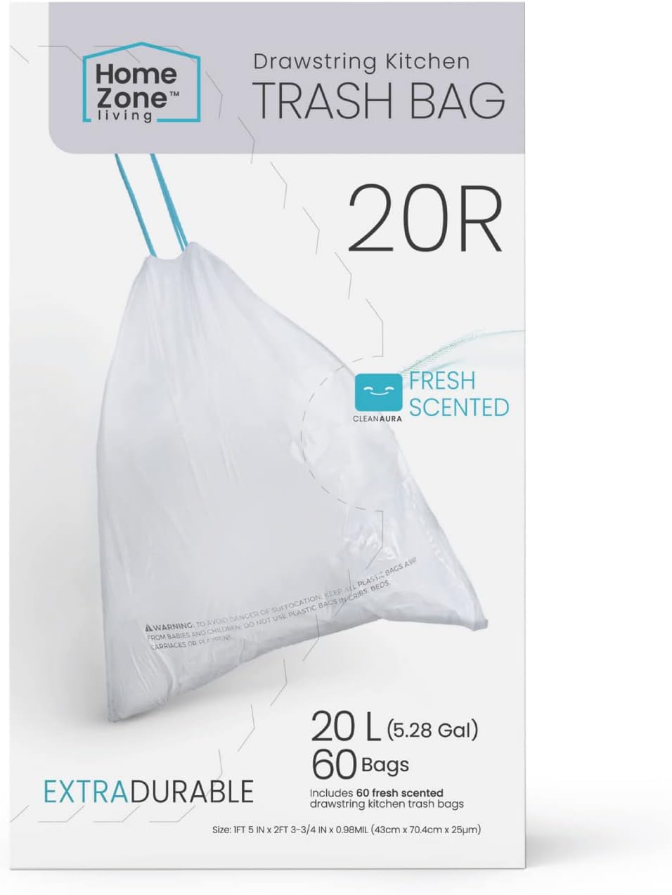 Home Zone Living 5.3 Gallon Kitchen Trash Bags with Drawstring Handles, Heavy Duty Custom Fit Design for 20 Liter Dual Recycling Liners, Code 20R, 60-Count